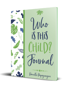 picture of the Who Is This Child journal standing upright. It has a green cover with blue and green leaves.