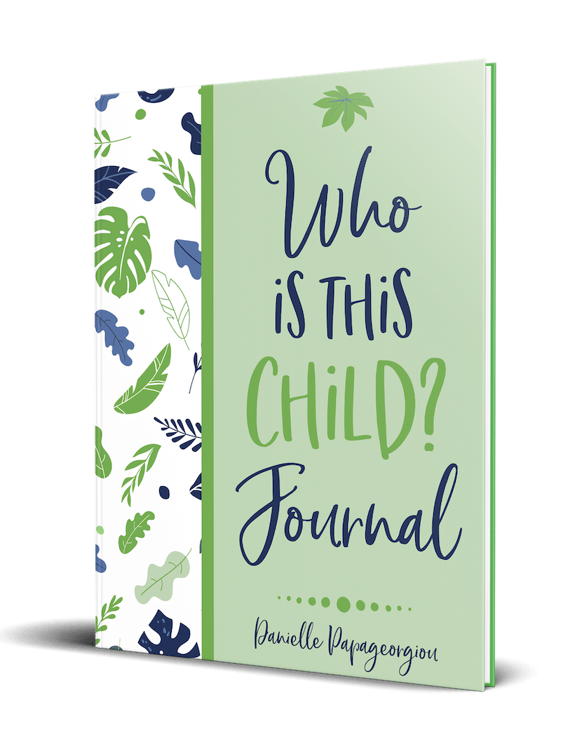 picture of the Who Is This Child journal standing upright. It has a green cover with blue and green leaves.