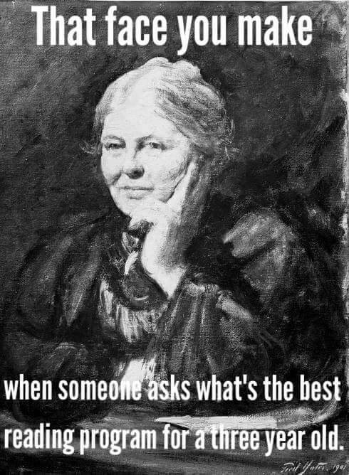 Funny meme with a lady staring. The text reads, "That face you make when someone asks what's the best reading curriculum for a kindergartner."