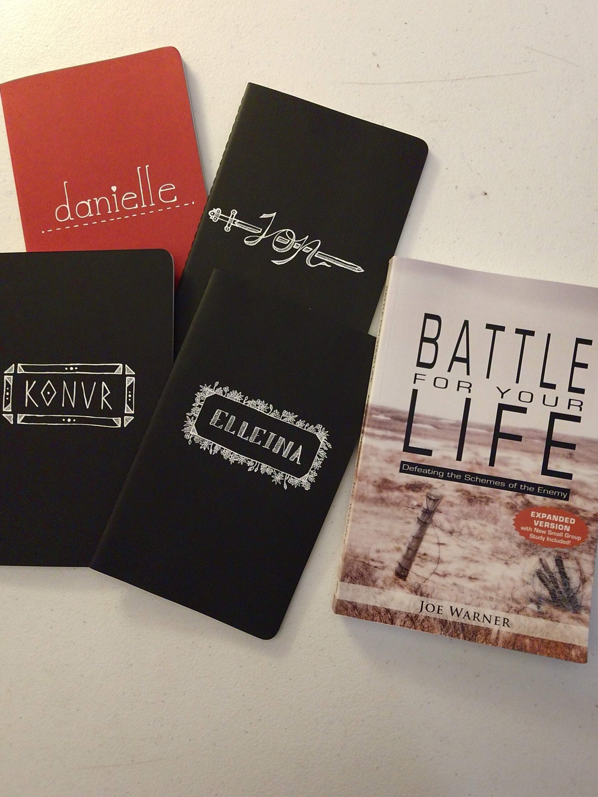 Journals with decorations drawn on the front next to a book called "Battle for your Life."