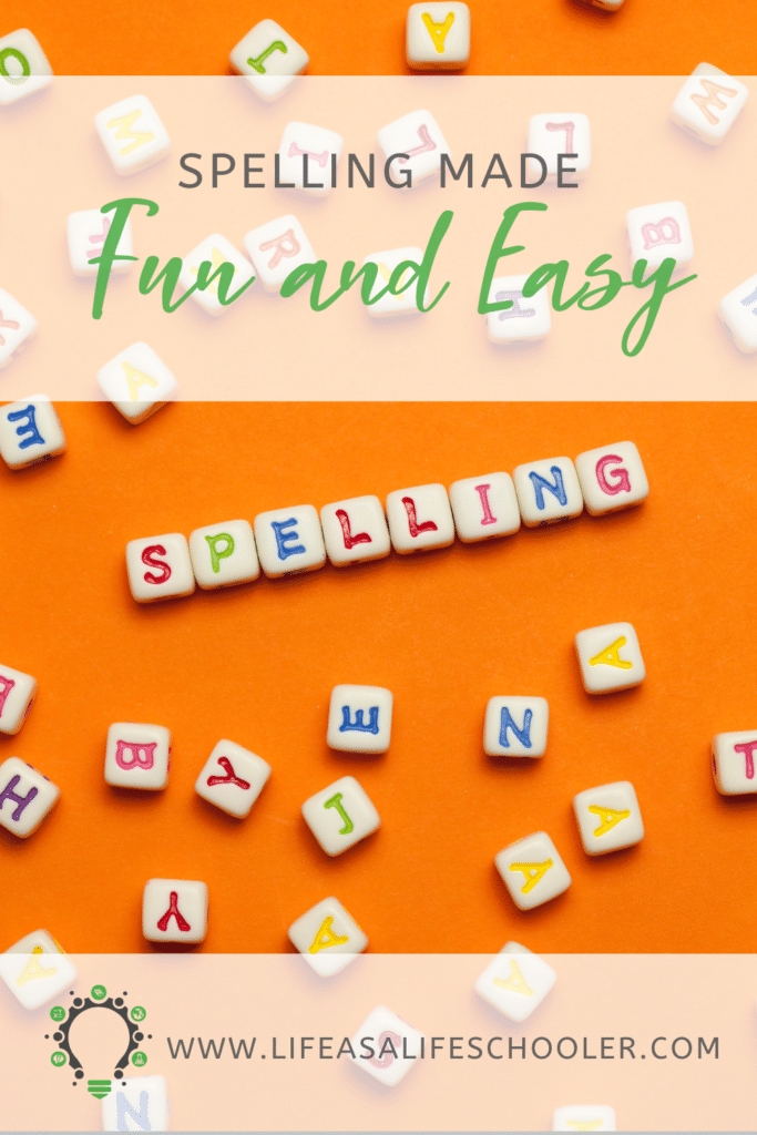 Pinterest pin with orange background and letter blocks that says "Spelling made fun and easy."