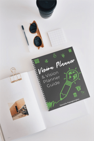 planner on desk with sunglasses and papers