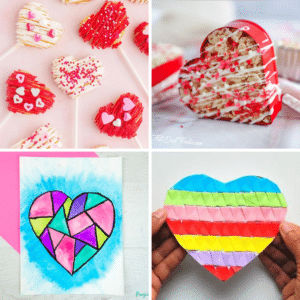 Read and white heart pops, heart rice krispie treats, geometric heart art, and zig zag paper heart craft 