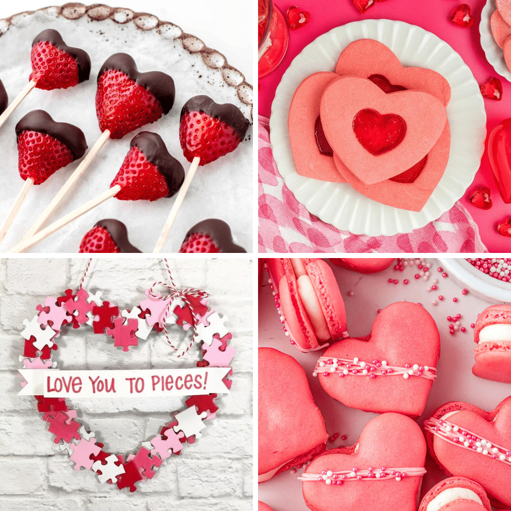 Strawberry hearts, stained glass heart cookies, puzzle piece heart wreath, and heart macarons