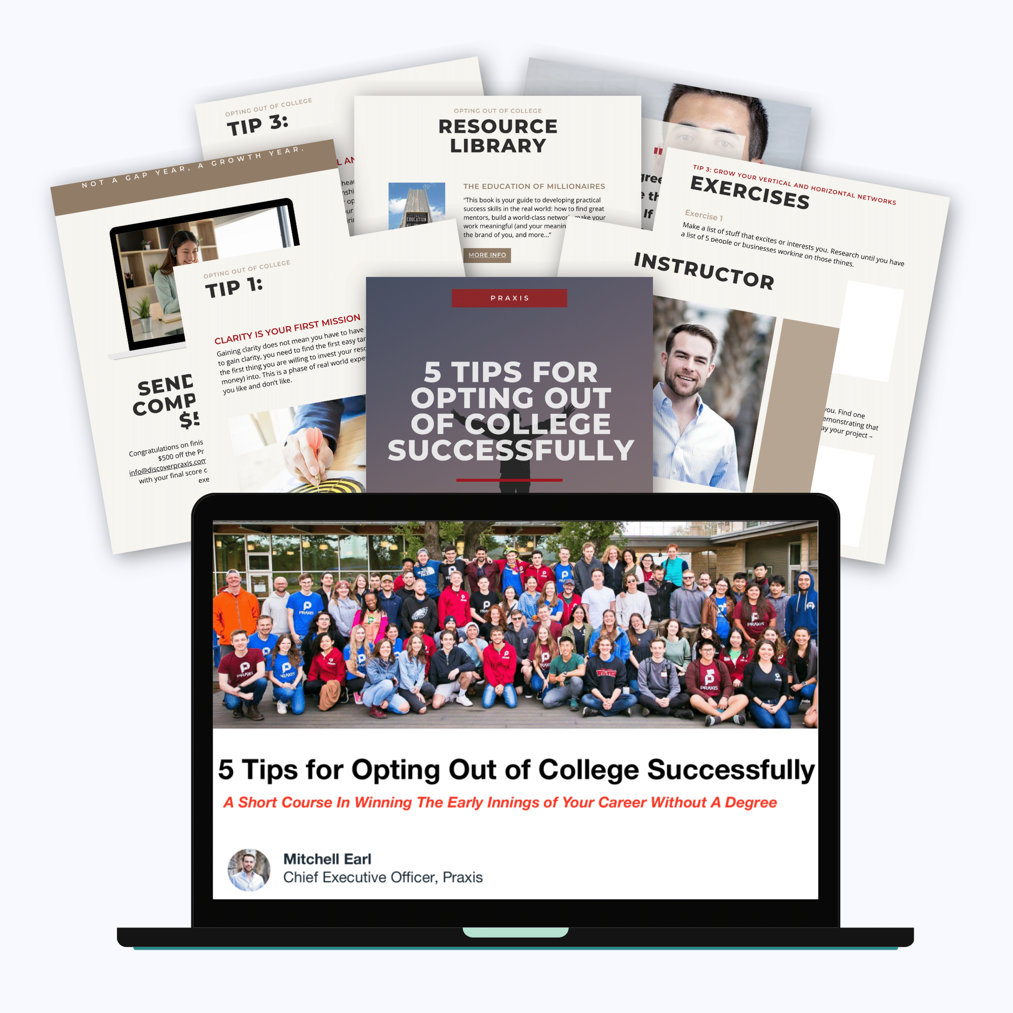 Computer with "5 tips for opting out of college successfully" course on the screen and pages from the workbook