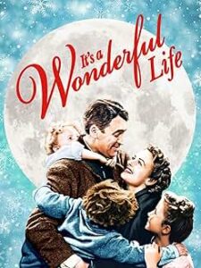 family hugging in front of a full moon with the title, "It's a Wonderful Life."