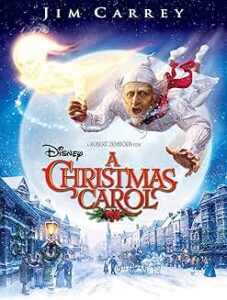 DVD cover of Scrooge flying through the air over the town with the title, "A Christmas Carol."