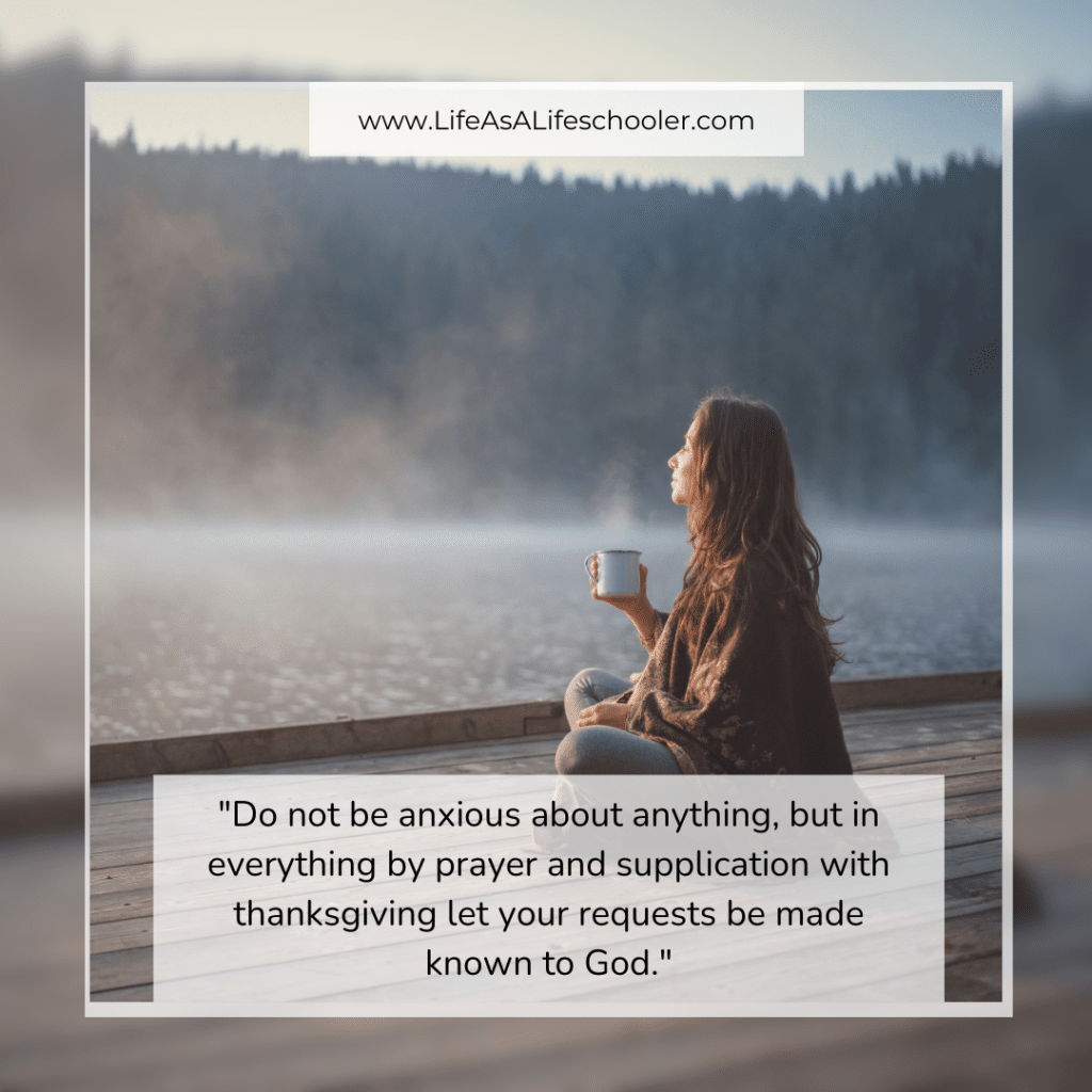 Bible verse for anxiety with picture of woman drinking coffee outside in a peaceful setting beside the water.