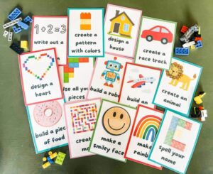 brightly colored lego challenge cards