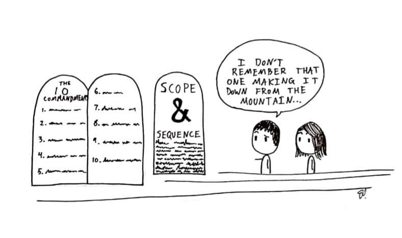 comic about the scope and sequence being written on stone tablets