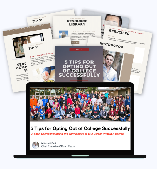 Computer with "5 tips for opting out of college successfully" course on the screen and pages from the workbook